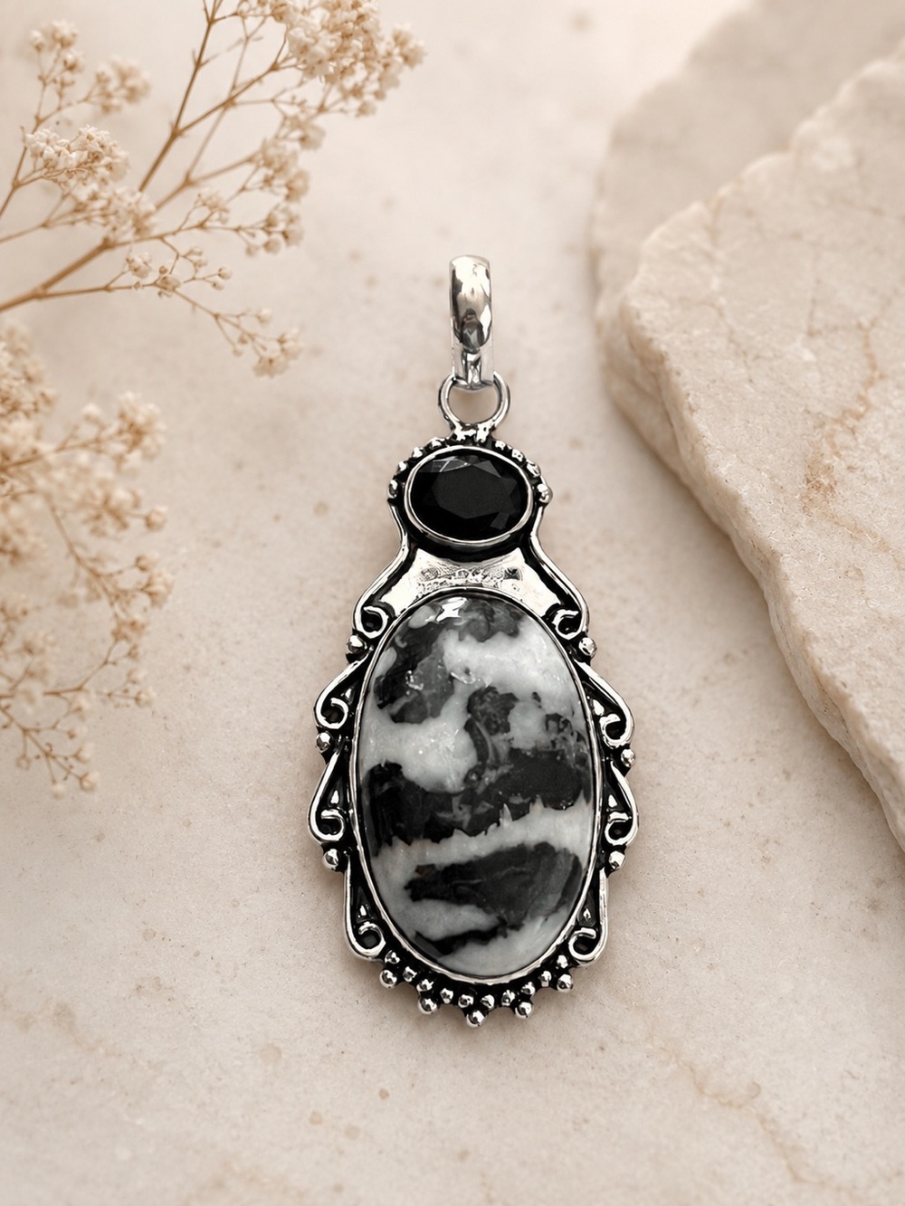 Black Onyx & White Buffalo Turquoise Sterling Silver 2.3” Pendant